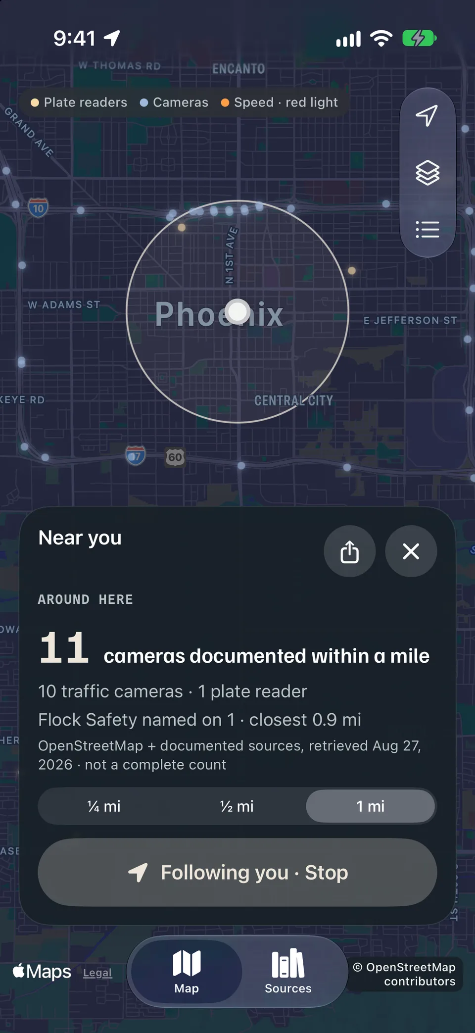 Nova Vista app, Follow me: the ring centered on the person with the card reading Following you, Stop.