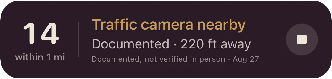 Lock Screen Live Activity in the nearby state: Traffic camera nearby, 220 feet away, shown in gold, with a Stop button.